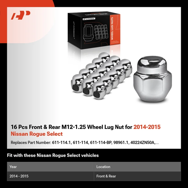 16 Pcs Front & Rear M12-1.25 Wheel Lug Nut for 2014-2015 Nissan Rogue Select