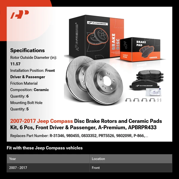 2007-2017 Jeep Compass Disc Brake Rotors and Ceramic Pads Kit, 6 Pcs, Front Driver & Passenger, A-Premium, APBRPR433