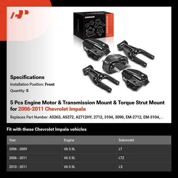 5 Pcs Engine Motor & Transmission Mount & Torque Strut Mount for 2006-2011 Chevrolet Impala