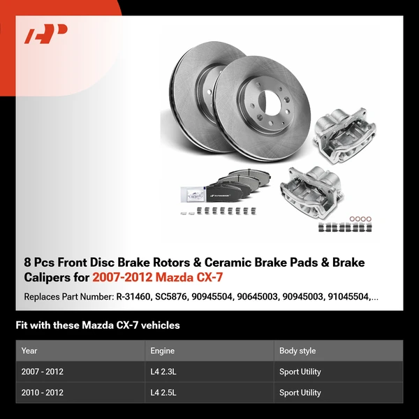 8 Pcs Front Disc Brake Rotors & Ceramic Brake Pads & Brake Calipers for 2007-2012 Mazda CX-7