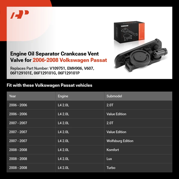 Engine Oil Separator Crankcase Vent Valve for 2006-2008 Volkswagen Passat