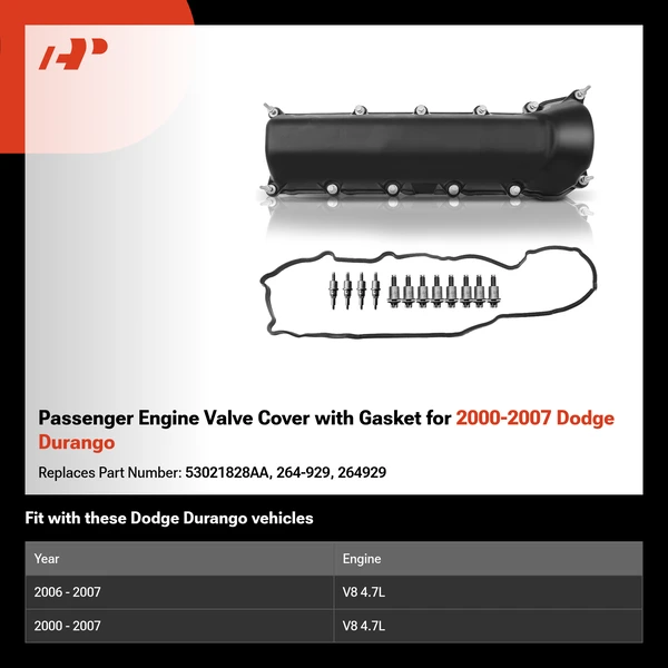 Passenger Engine Valve Cover with Gasket for 2000-2007 Dodge Durango