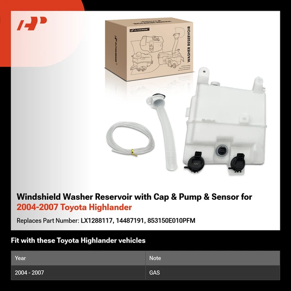 Windshield Washer Reservoir with Cap & Pump & Sensor for 2004-2007 Toyota Highlander