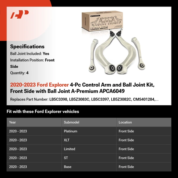 2020-2023 Ford Explorer 4-Pc Control Arm and Ball Joint Kit, Front Side with Ball Joint A-Premium APCA6049