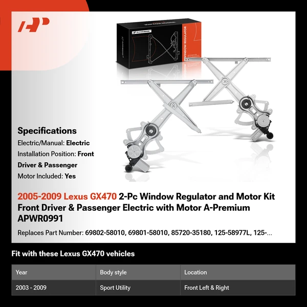 2005-2009 Lexus GX470 2-Pc Window Regulator and Motor Kit Front Driver & Passenger Electric with Motor A-Premium APWR0991