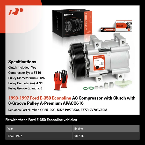 1993-1997 Ford E-350 Econoline AC Compressor with Clutch with 8-Groove Pulley A-Premium APACC616