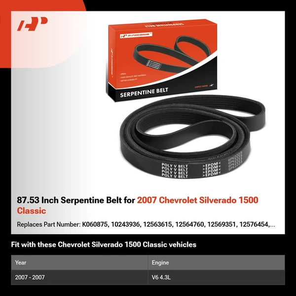 87.53 Inch Serpentine Belt for 2007 Chevrolet Silverado 1500 Classic