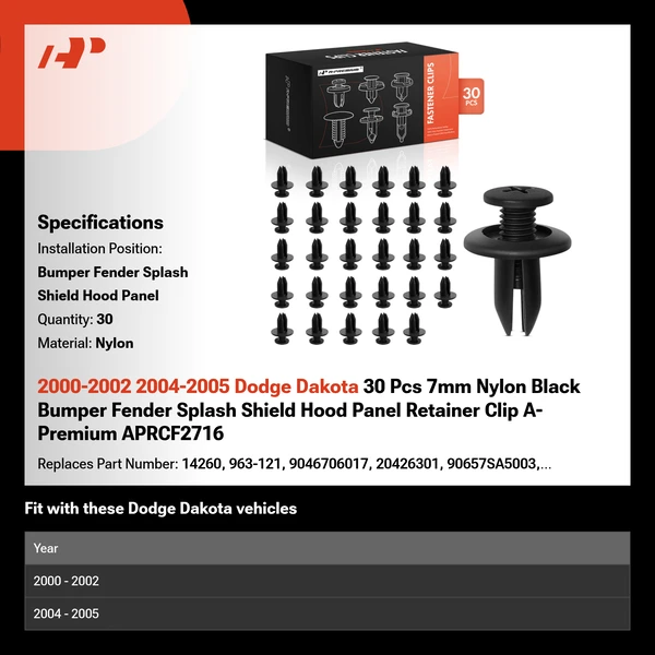 2000-2002 2004-2005 Dodge Dakota 30 Pcs 7mm Nylon Black Bumper Fender Splash Shield Hood Panel Retainer Clip A-Premium APRCF2716