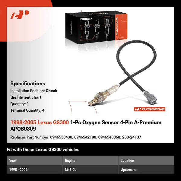 1998-2005 Lexus GS300 1-Pc Oxygen Sensor 4-Pin A-Premium APOS0309