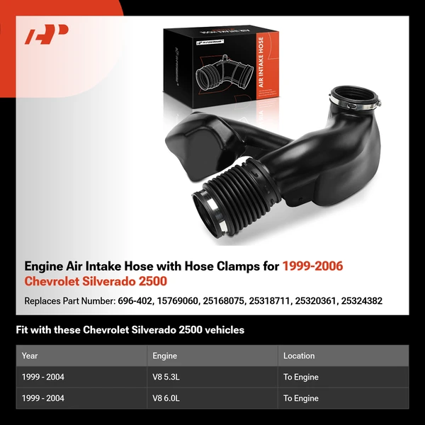 Engine Air Intake Hose with Hose Clamps for 1999-2006 Chevrolet Silverado 2500