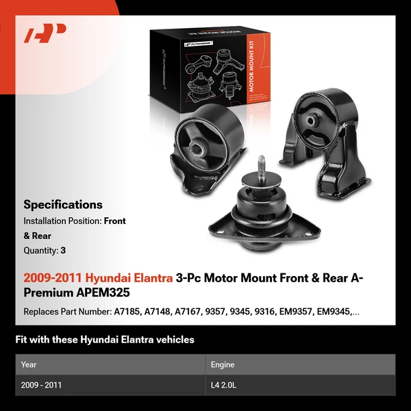 2009-2011 Hyundai Elantra 3-Pc Motor Mount Front & Rear A-Premium APEM325