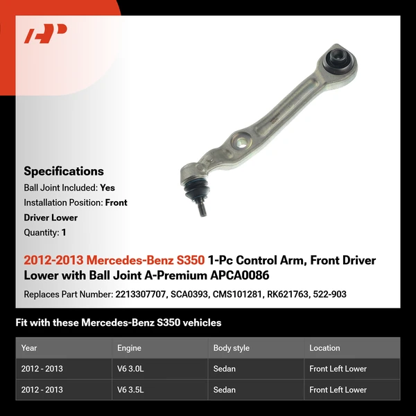 2012-2013 Mercedes-Benz S350 1-Pc Control Arm, Front Driver Lower with Ball Joint A-Premium APCA0086