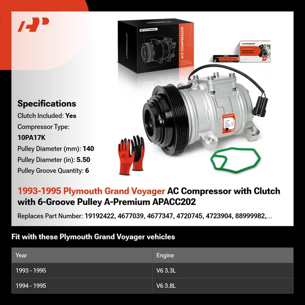 1993-1995 Plymouth Grand Voyager AC Compressor with Clutch with 6-Groove Pulley A-Premium APACC202