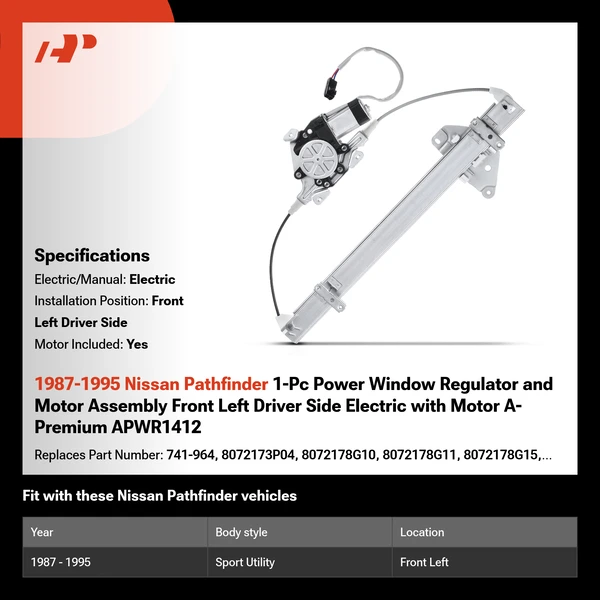 1987-1995 Nissan Pathfinder 1-Pc Power Window Regulator and Motor Assembly Front Left Driver Side Electric with Motor A-Premium APWR1412