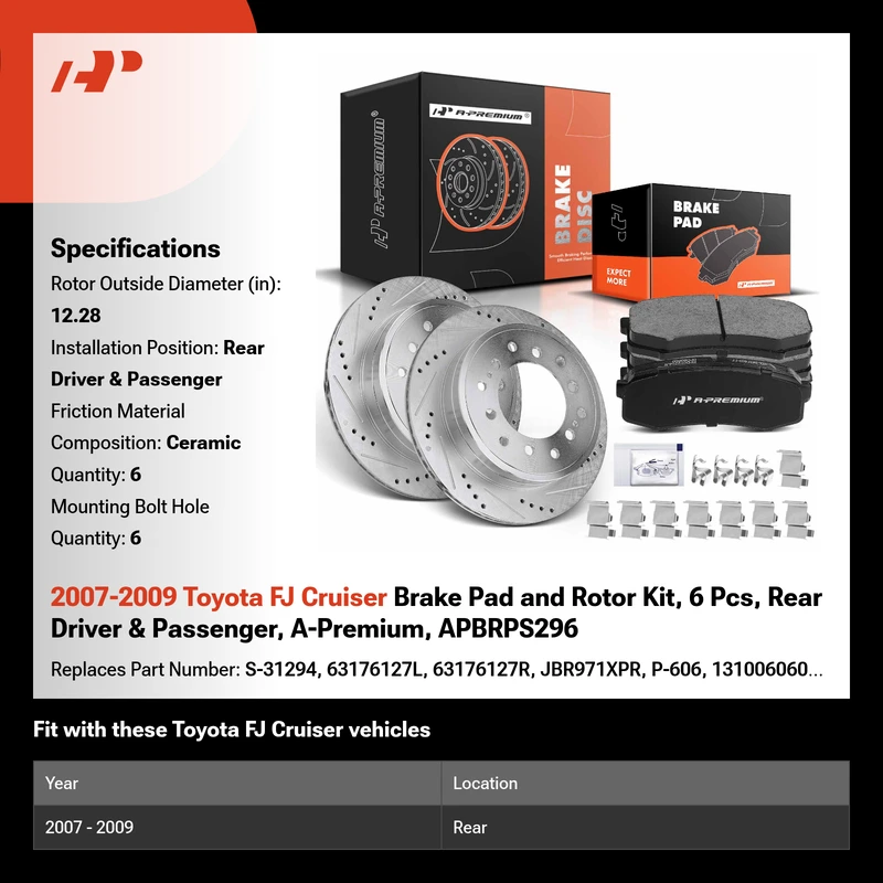 2007-2009 Toyota FJ Cruiser Brake Pad and Rotor Kit, 6 Pcs, Rear Driver & Passenger, A-Premium, APBRPS296