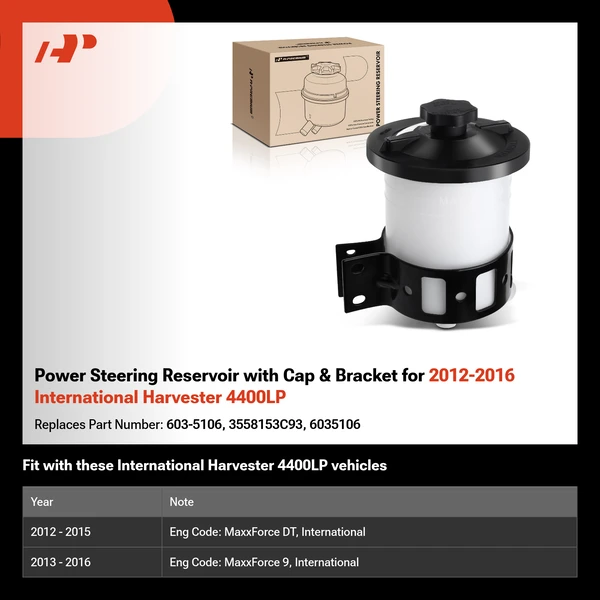 Power Steering Reservoir with Cap & Bracket for 2012-2016 International Harvester 4400LP