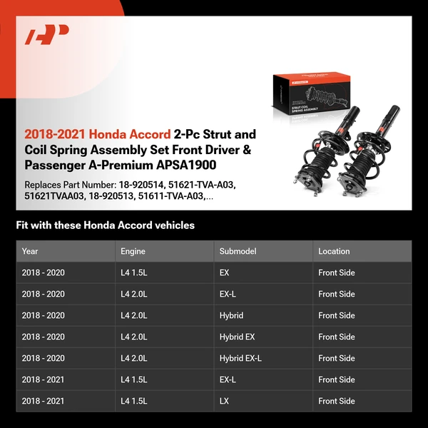2018-2021 Honda Accord 2-Pc Strut and Coil Spring Assembly Set Front Driver & Passenger A-Premium APSA1900