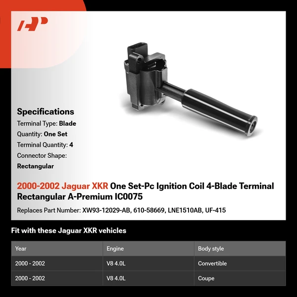 2000-2002 Jaguar XKR One Set-Pc Ignition Coil 4-Blade Terminal Rectangular A-Premium IC0075