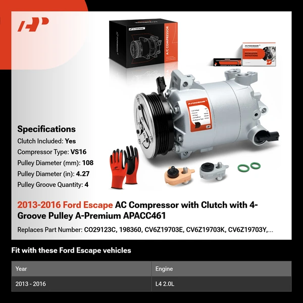 2013-2016 Ford Escape AC Compressor with Clutch with 4-Groove Pulley A-Premium APACC461