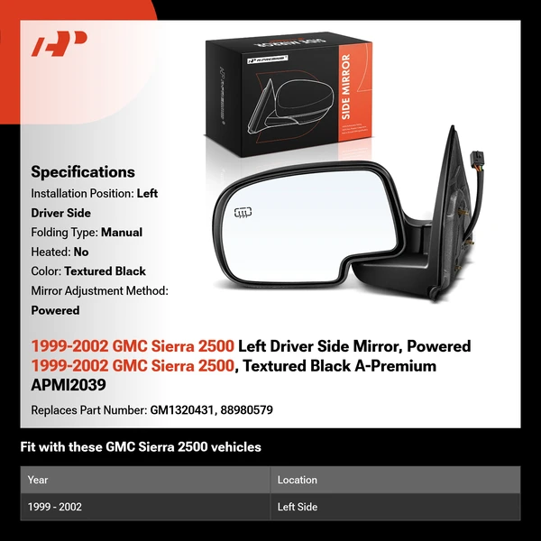 1999-2002 GMC Sierra 2500 Left Driver Side Mirror, Powered 1999-2002 GMC Sierra 2500, Textured Black A-Premium APMI2039