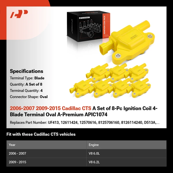 2006-2007 2009-2015 Cadillac CTS A Set of 8-Pc Ignition Coil 4-Blade Terminal Oval A-Premium APIC1074