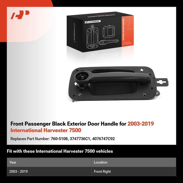 Front Passenger Black Exterior Door Handle for 2003-2019 International Harvester 7500