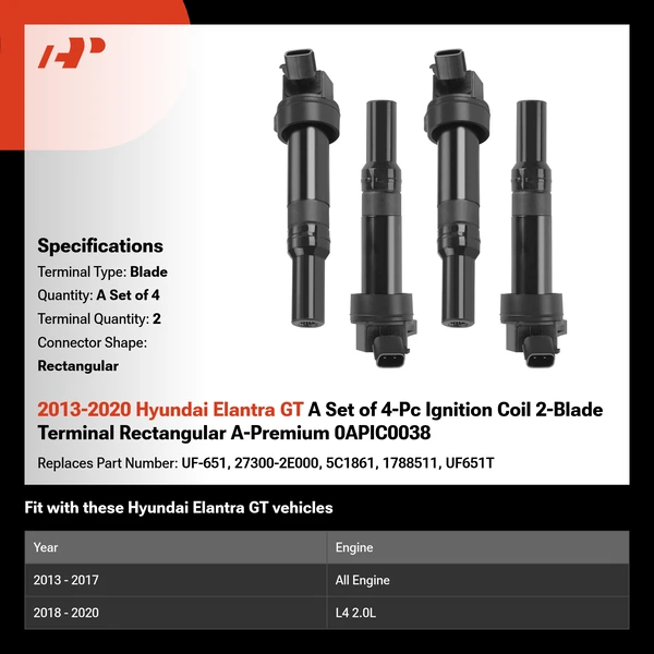 2013-2020 Hyundai Elantra GT A Set of 4-Pc Ignition Coil 2-Blade Terminal Rectangular A-Premium 0APIC0038