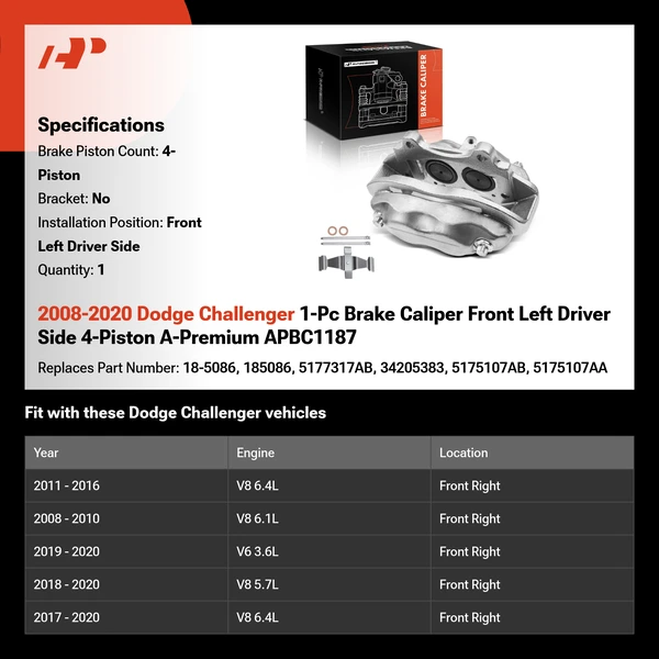 2008-2020 Dodge Challenger 1-Pc Brake Caliper Front Left Driver Side 4-Piston A-Premium APBC1187