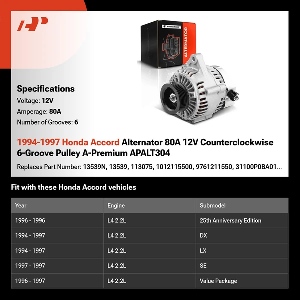 1994-1997 Honda Accord Alternator 80A 12V Counterclockwise 6-Groove Pulley A-Premium APALT304