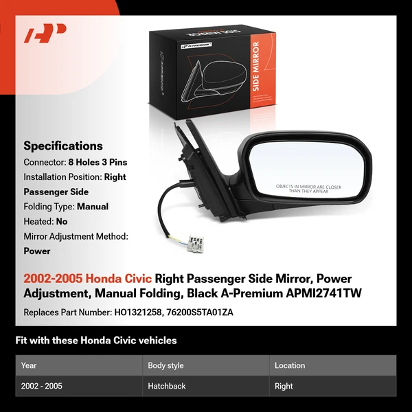 2002-2005 Honda Civic Right Passenger Side Mirror, Power Adjustment, Manual Folding, Black A-Premium APMI2741TW
