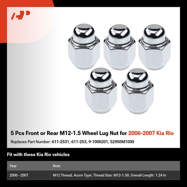 5 Pcs Front or Rear M12-1.5 Wheel Lug Nut for 2006-2007 Kia Rio