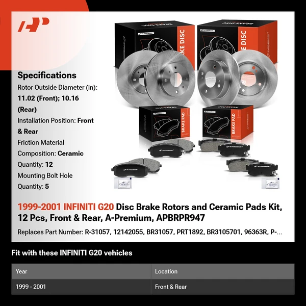 1999-2001 INFINITI G20 Disc Brake Rotors and Ceramic Pads Kit, 12 Pcs, Front & Rear, A-Premium, APBRPR947