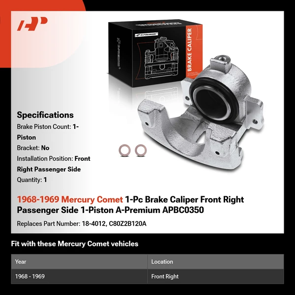 1968-1969 Mercury Comet 1-Pc Brake Caliper Front Right Passenger Side 1-Piston A-Premium APBC0350