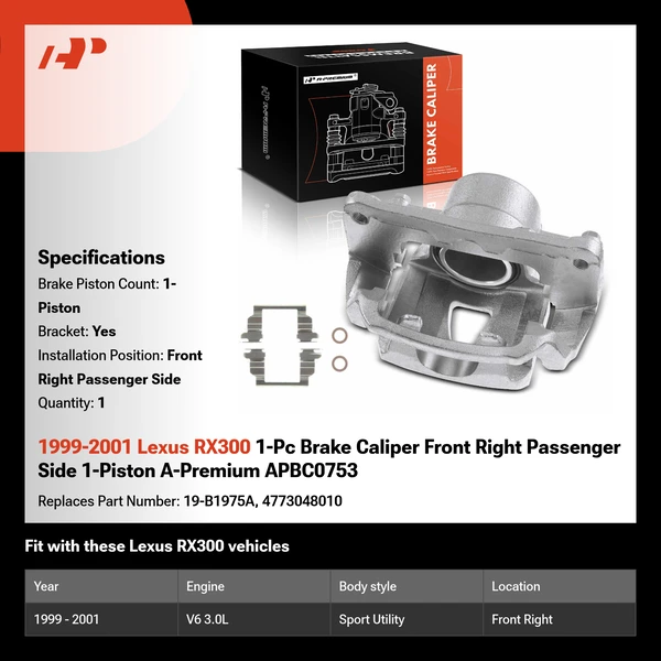 1999-2001 Lexus RX300 1-Pc Brake Caliper Front Right Passenger Side 1-Piston A-Premium APBC0753
