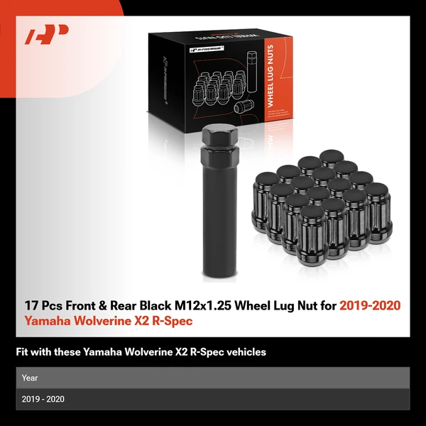 17 Pcs Front & Rear Black M12x1.25 Wheel Lug Nut for 2019-2020 Yamaha Wolverine X2 R-Spec