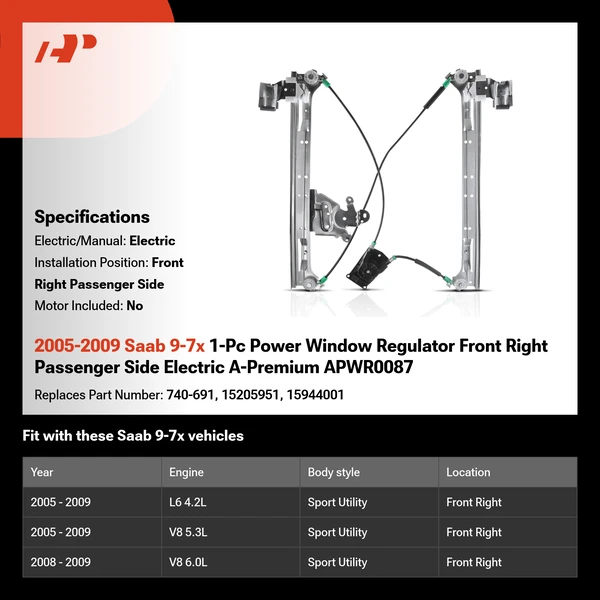 2005-2009 Saab 9-7x 1-Pc Power Window Regulator Front Right Passenger Side Electric A-Premium APWR0087
