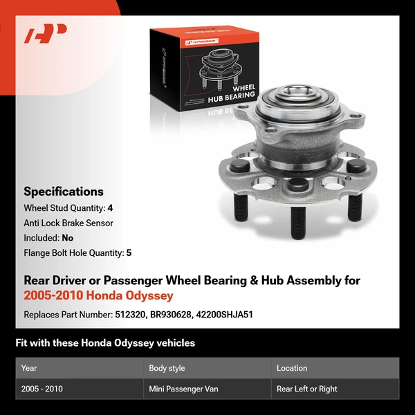 Rear Driver or Passenger Wheel Bearing & Hub Assembly for 2005-2010 Honda Odyssey