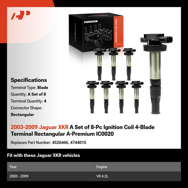 2003-2009 Jaguar XKR A Set of 8-Pc Ignition Coil 4-Blade Terminal Rectangular A-Premium IC0020