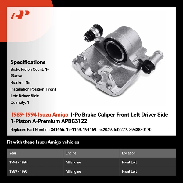 1989-1994 Isuzu Amigo 1-Pc Brake Caliper Front Left Driver Side 1-Piston A-Premium APBC3122