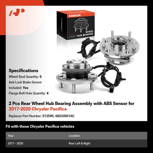2 Pcs Rear Wheel Hub Bearing Assembly with ABS Sensor for 2017-2020 Chrysler Pacifica