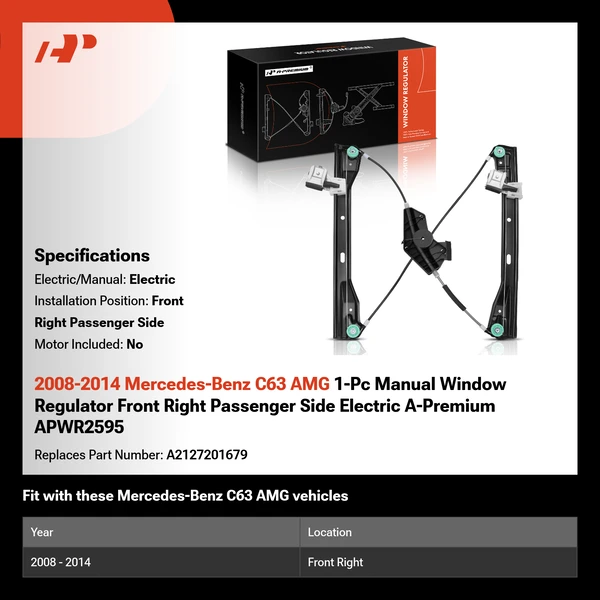 2008-2014 Mercedes-Benz C63 AMG 1-Pc Manual Window Regulator Front Right Passenger Side Electric A-Premium APWR2595