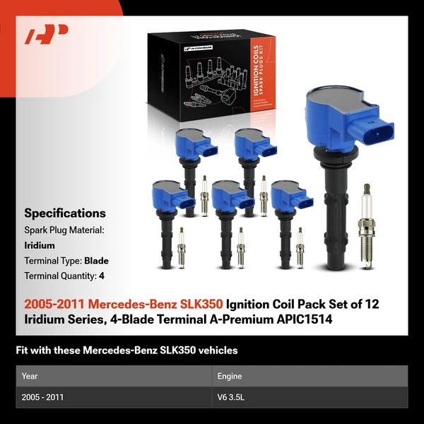 2005-2011 Mercedes-Benz SLK350 Ignition Coil Pack Set of 12 Iridium Series, 4-Blade Terminal A-Premium APIC1514