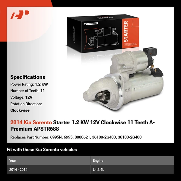 2014 Kia Sorento Starter 1.2 KW 12V Clockwise 11 Teeth A-Premium APSTR688