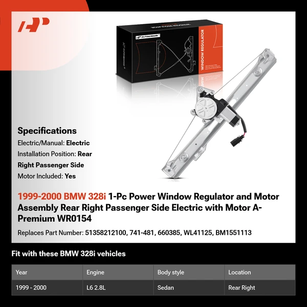 1999-2000 BMW 328i 1-Pc Power Window Regulator and Motor Assembly Rear Right Passenger Side Electric with Motor A-Premium WR0154