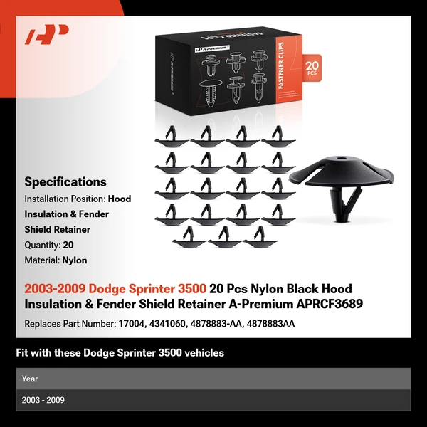 2003-2009 Dodge Sprinter 3500 20 Pcs Nylon Black Hood Insulation & Fender Shield Retainer A-Premium APRCF3689