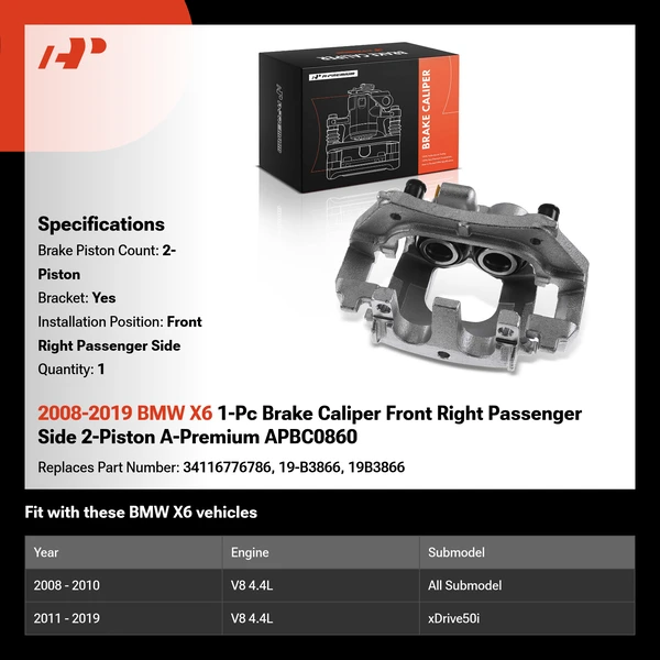 2008-2019 BMW X6 1-Pc Brake Caliper Front Right Passenger Side 2-Piston A-Premium APBC0860