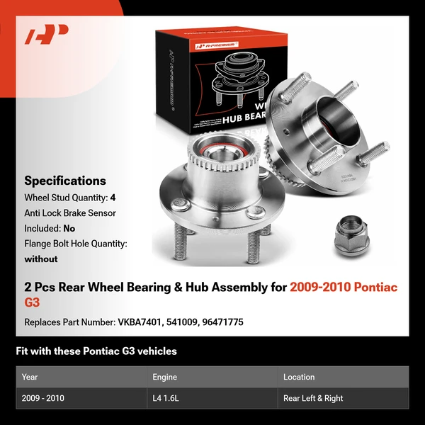 2 Pcs Rear Wheel Bearing & Hub Assembly for 2009-2010 Pontiac G3