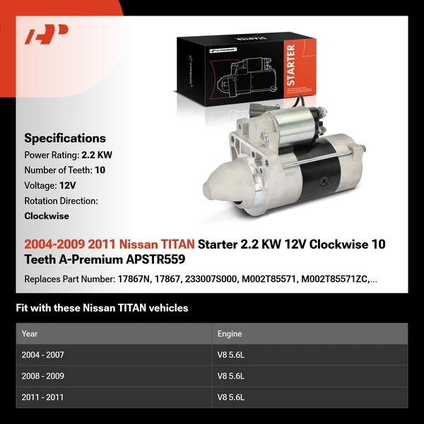 2004-2009 2011 Nissan TITAN Starter 2.2 KW 12V Clockwise 10 Teeth A-Premium APSTR559