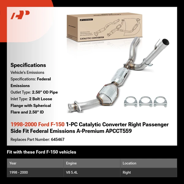 1998-2000 Ford F-150 1-PC Catalytic Converter Right Passenger Side Fit Federal Emissions A-Premium APCCT559