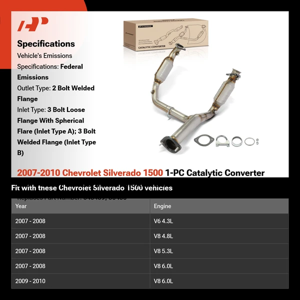 2007-2010 Chevrolet Silverado 1500 1-PC Catalytic Converter Front Side Fit Federal Emissions A-Premium APCCT400